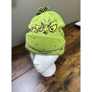 Dr. Seuss Grinch Green Knit Beanie Hat Pom Pom Embroidered One Size